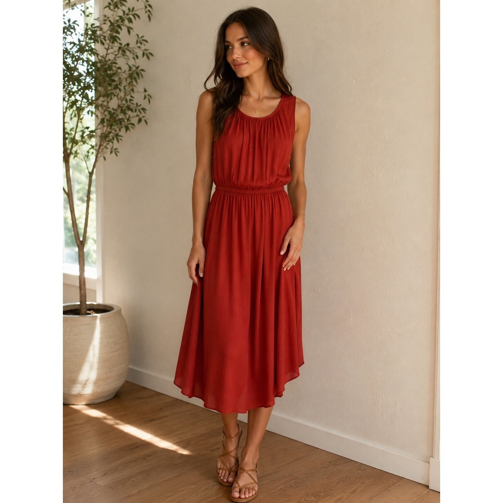 Anthropologie Dolan Left Coast Rust Gathered Striped Back Midi Dress Size XS